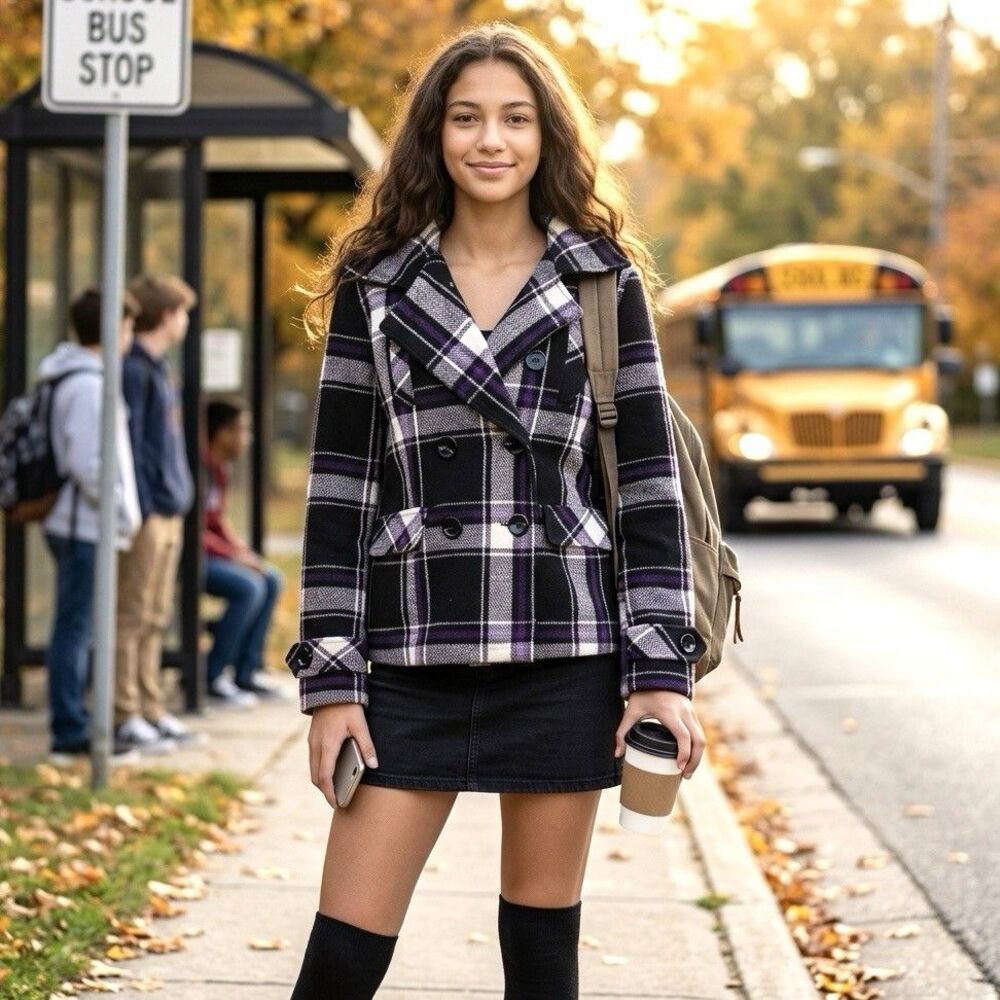 Body Central Womens L Double Breasted Pea Coat Black Purple Plaid Removable Hood